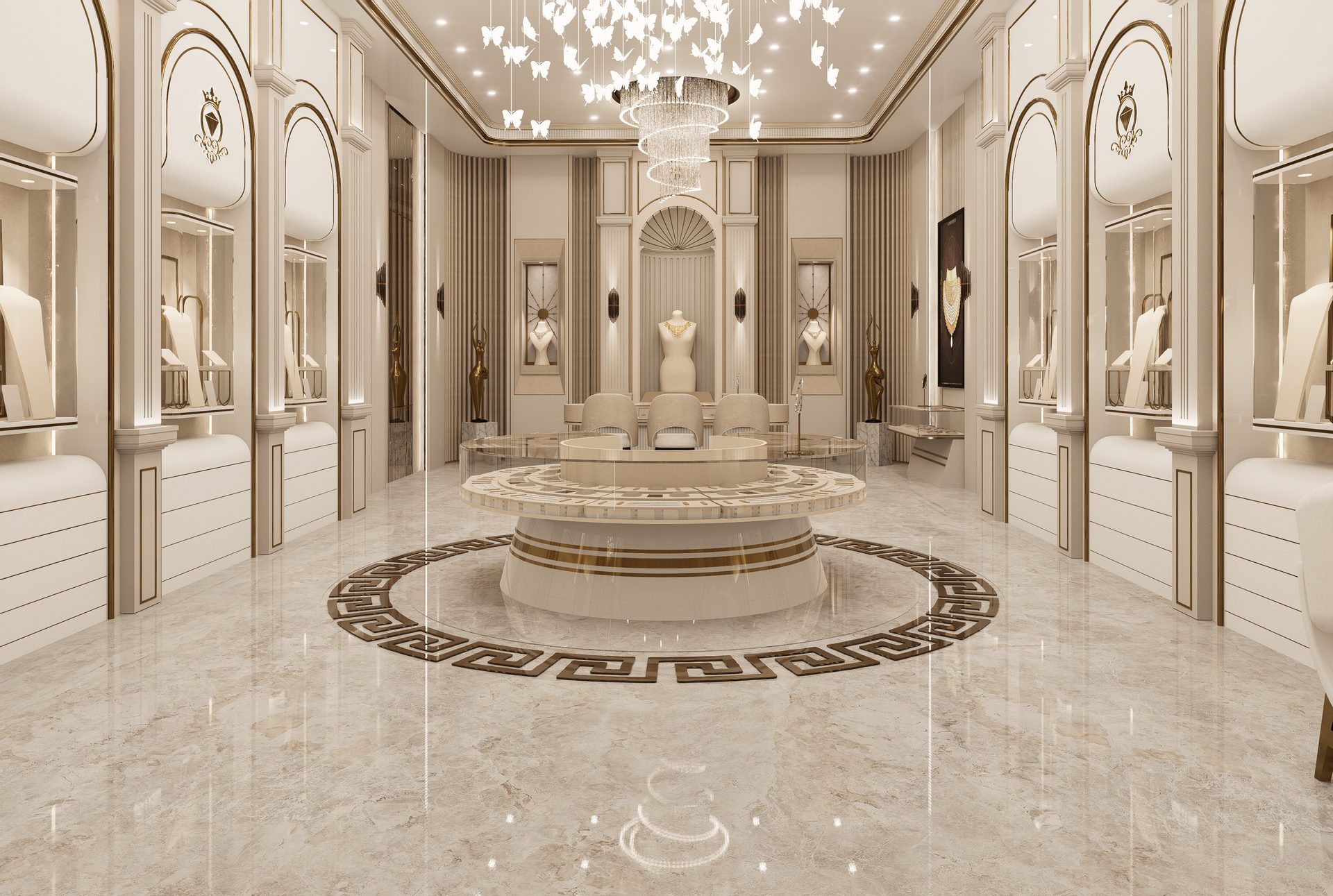 Aabushan Jewellers showroom interior with butterfly chandelier