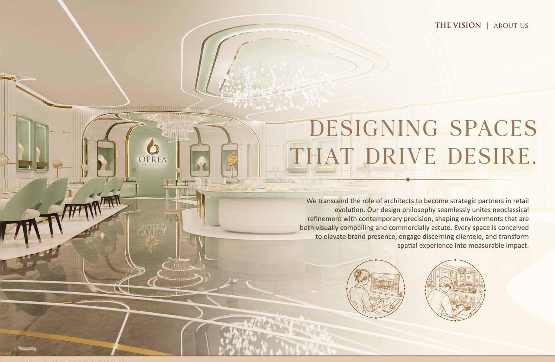 Oprea Diamonds showroom with mint and gold detailing, designed by Dia Retail Solutions