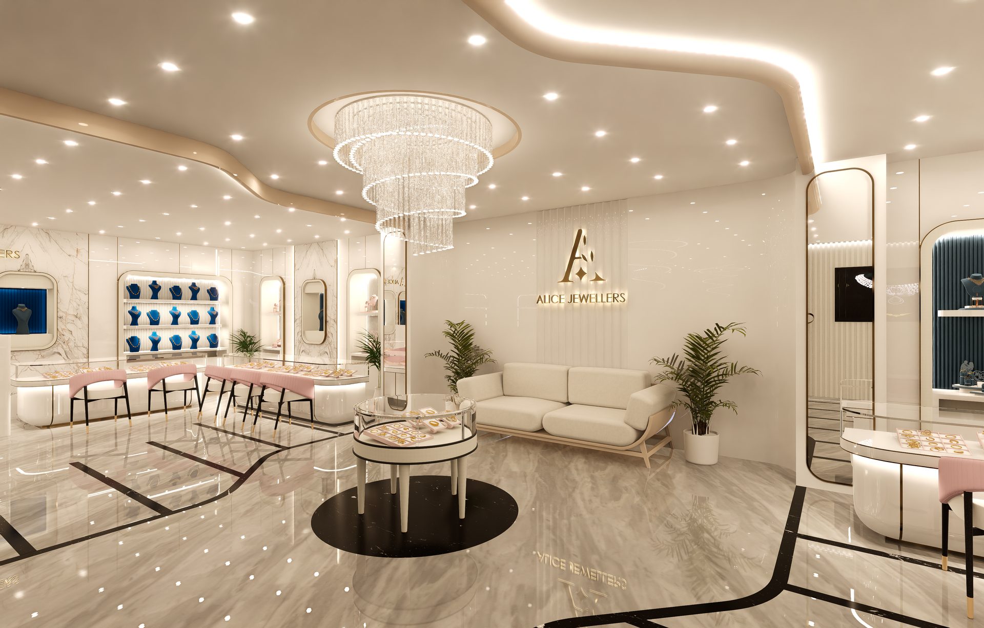 Alice Jewellers showroom interior lounge in Bengaluru