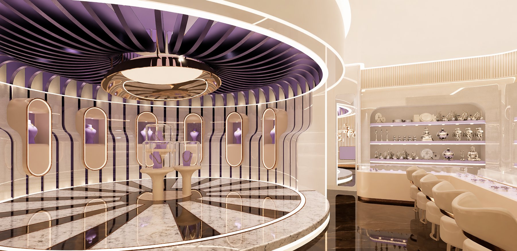 Amyra Silvers showroom interior with circular vitrine wall in Vijayawada