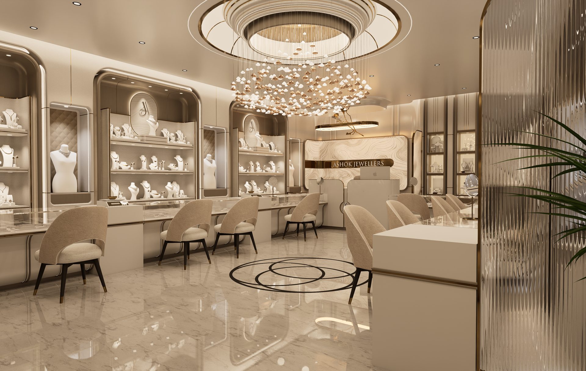 Ashok Jewellers showroom interior in Bengaluru with circular chandelier