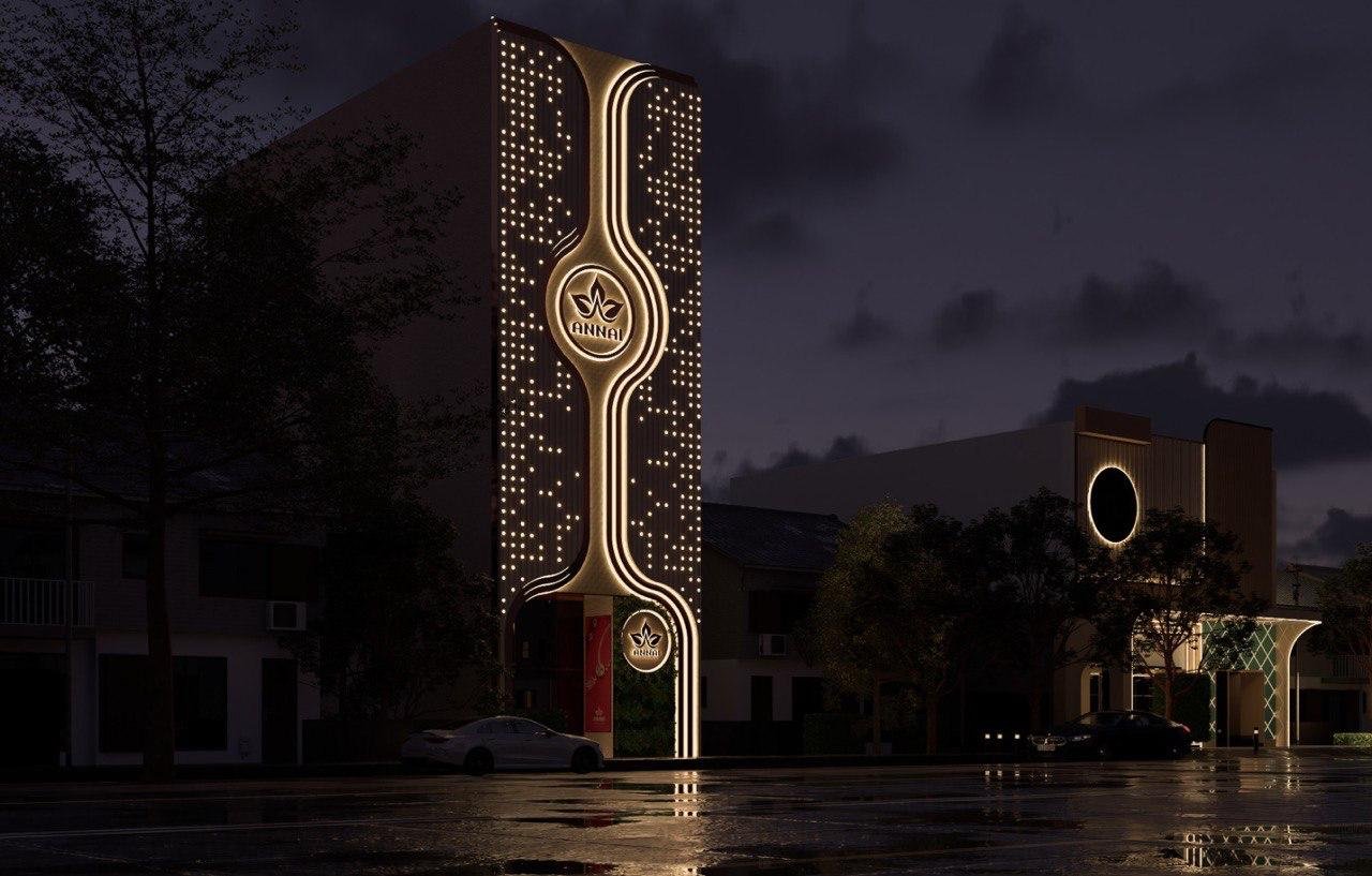 Annai Jewellers tower elevation at night, designed by Dia Retail Solutions