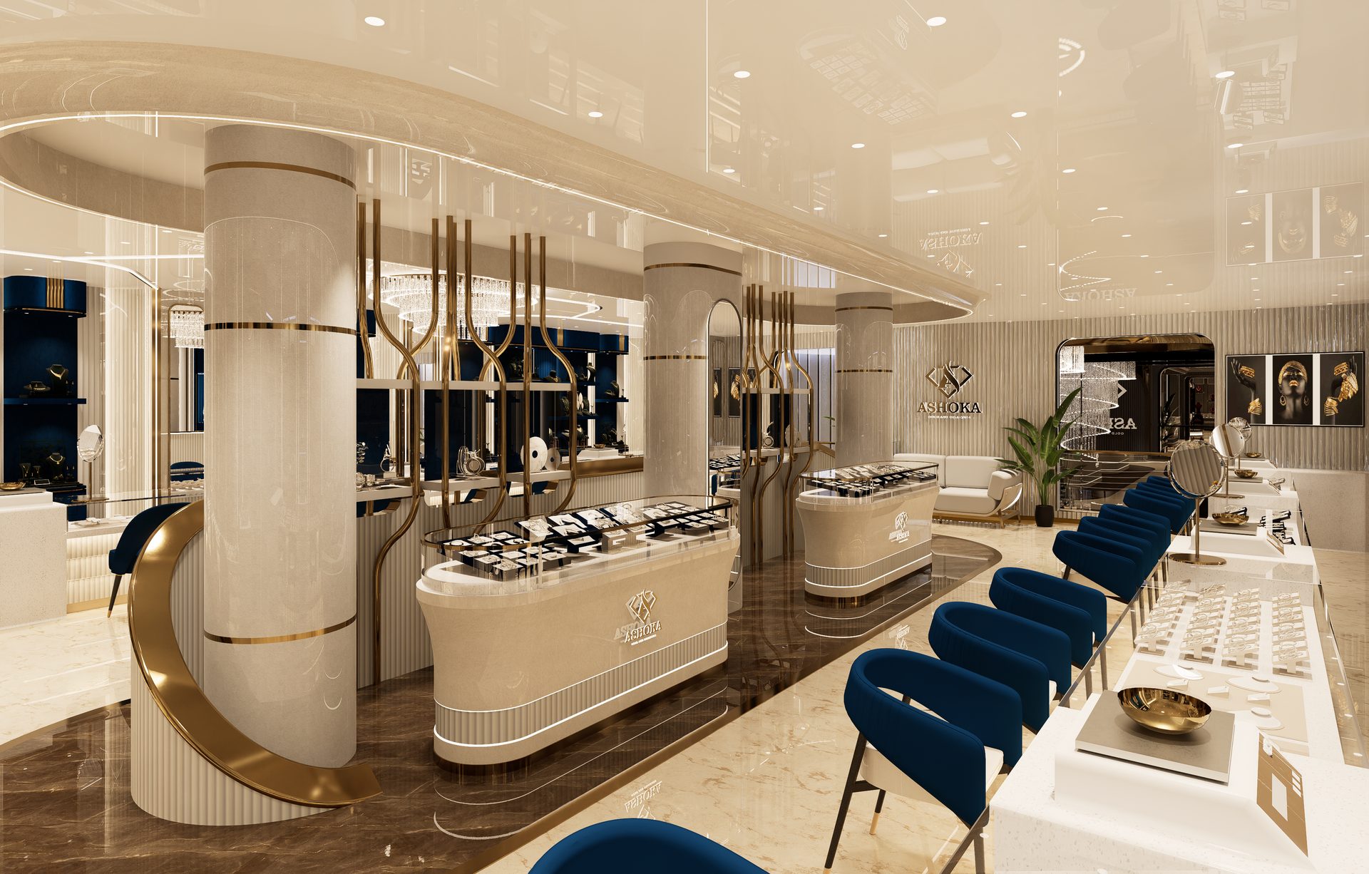 Jewellery showroom interior with sculpted marble pillars and gold detailing, designed by Dia Retail Solutions