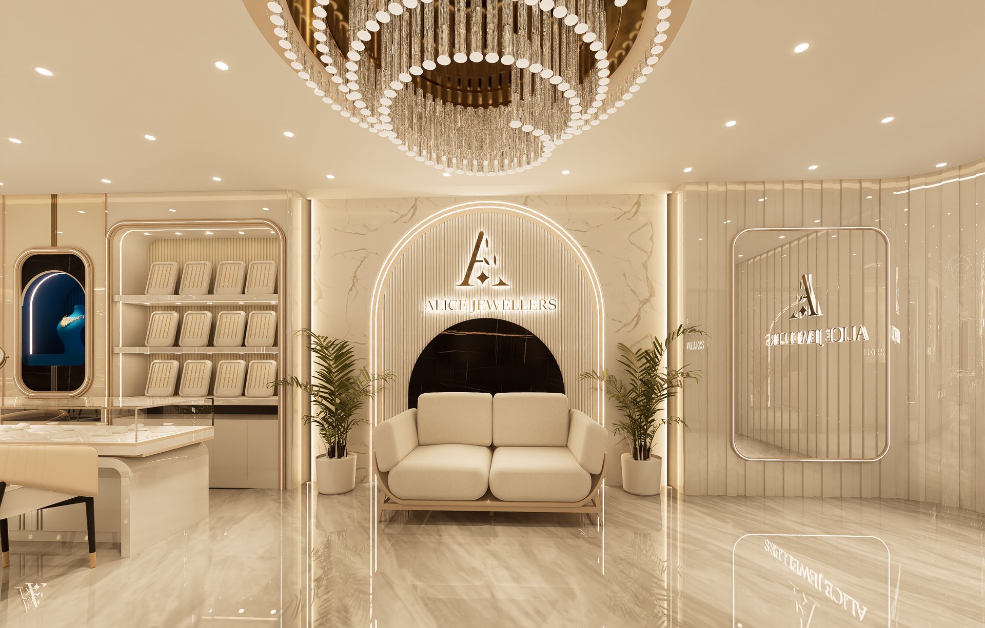 Alice Jewellers lounge seating in an arched niche, designed by Dia Retail Solutions